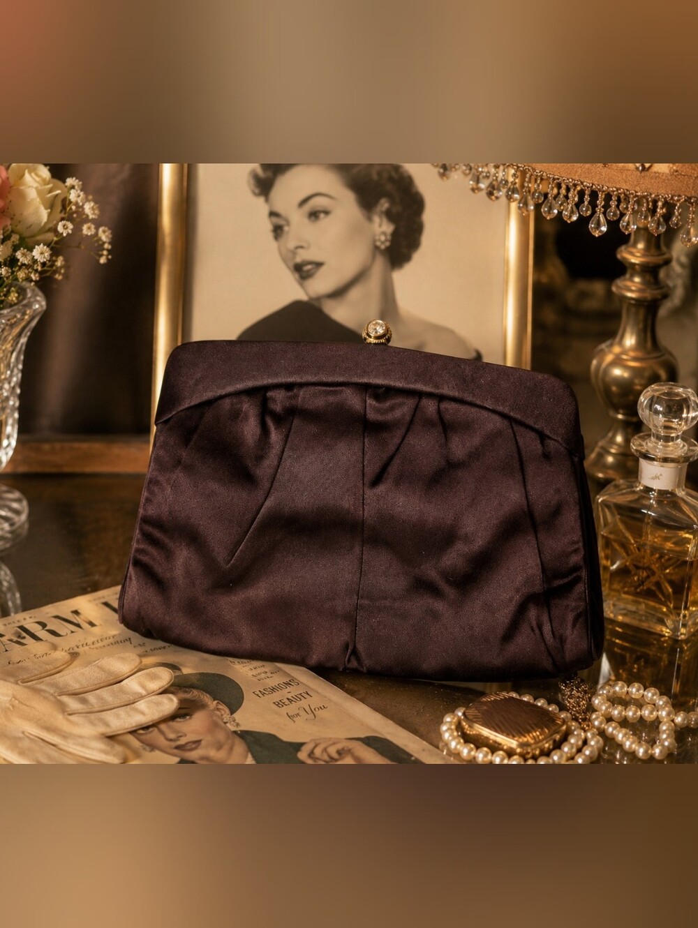 Vintage 1950s Morris Moskowitz MM Brown Satin Rhinestone Evening Clutch